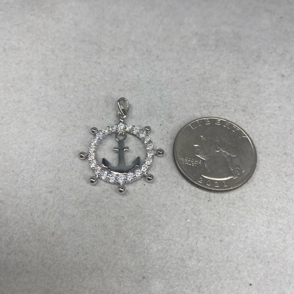Sterling Silver Ships Wheel with Anchor Pendant with Cubic Zirconia - Picture 2 of 5